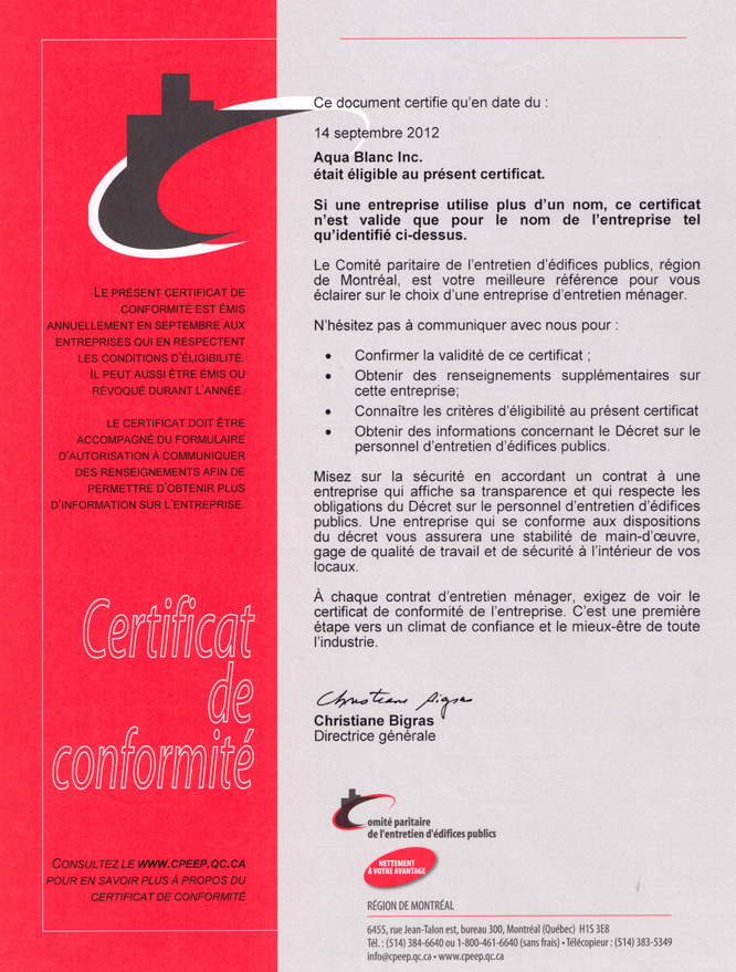 Certificat de conformit&eacute;